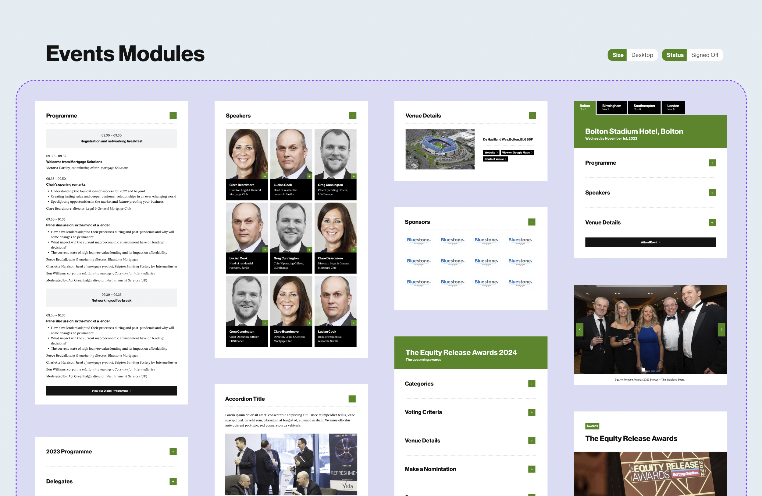 A screenshot from a Figma file that shows all of the modules used on the Mortgage Solutions website