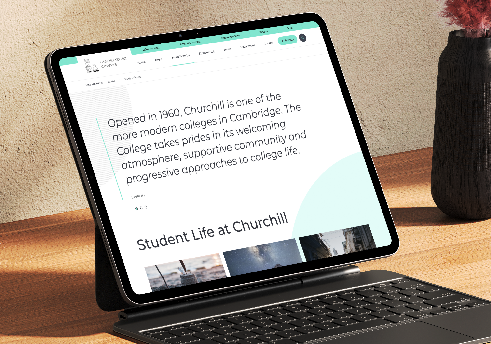 A student testimonial shown on the Churchill College website, mocked up on a tablet