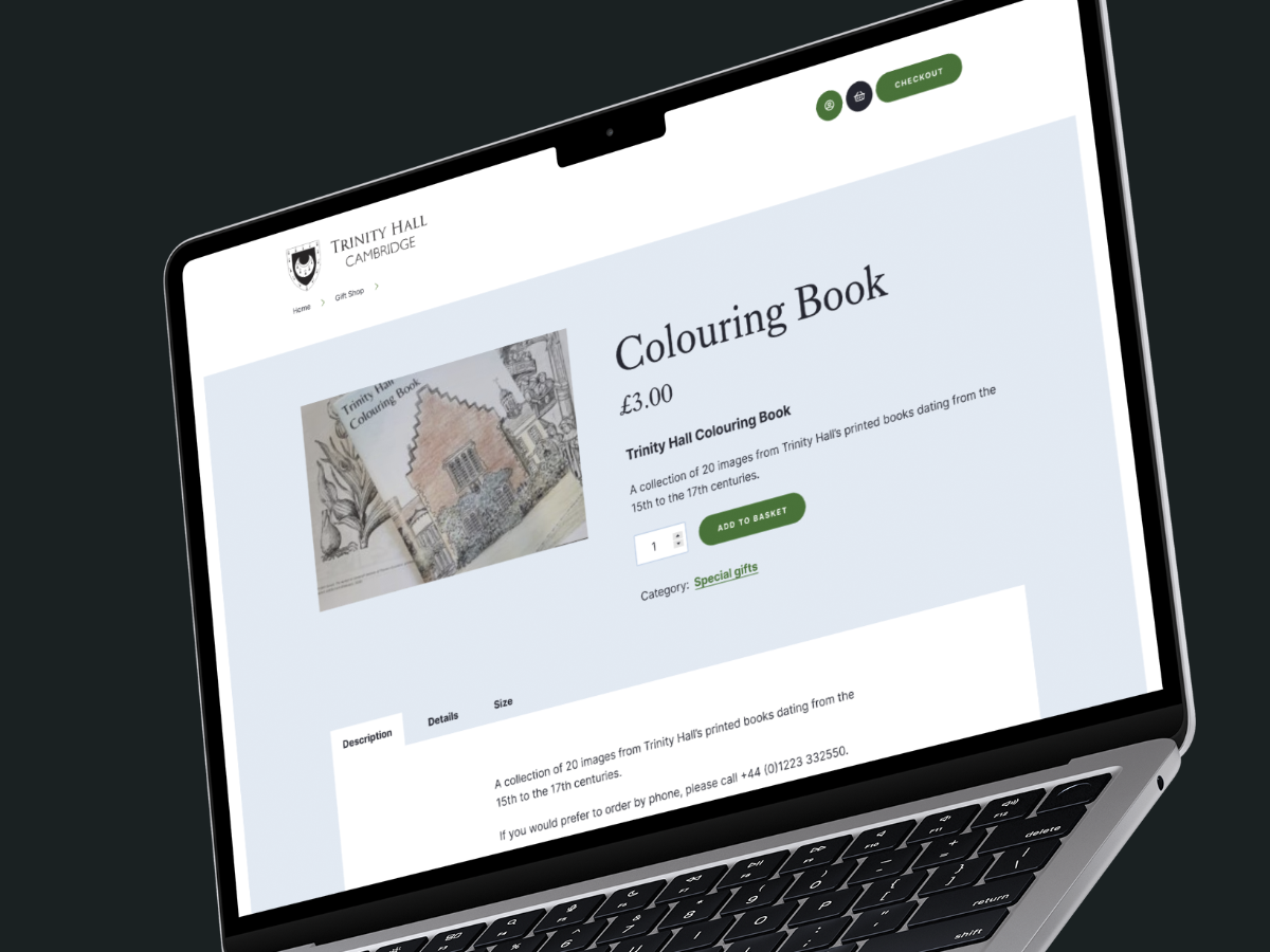 A simple ecommerce section on the Trinity Hall website