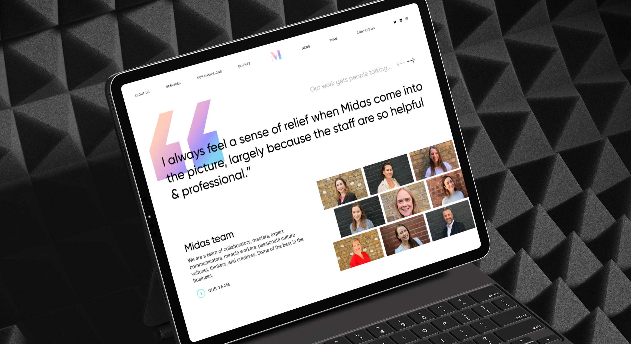 A testimonials panel on the Midas PR website