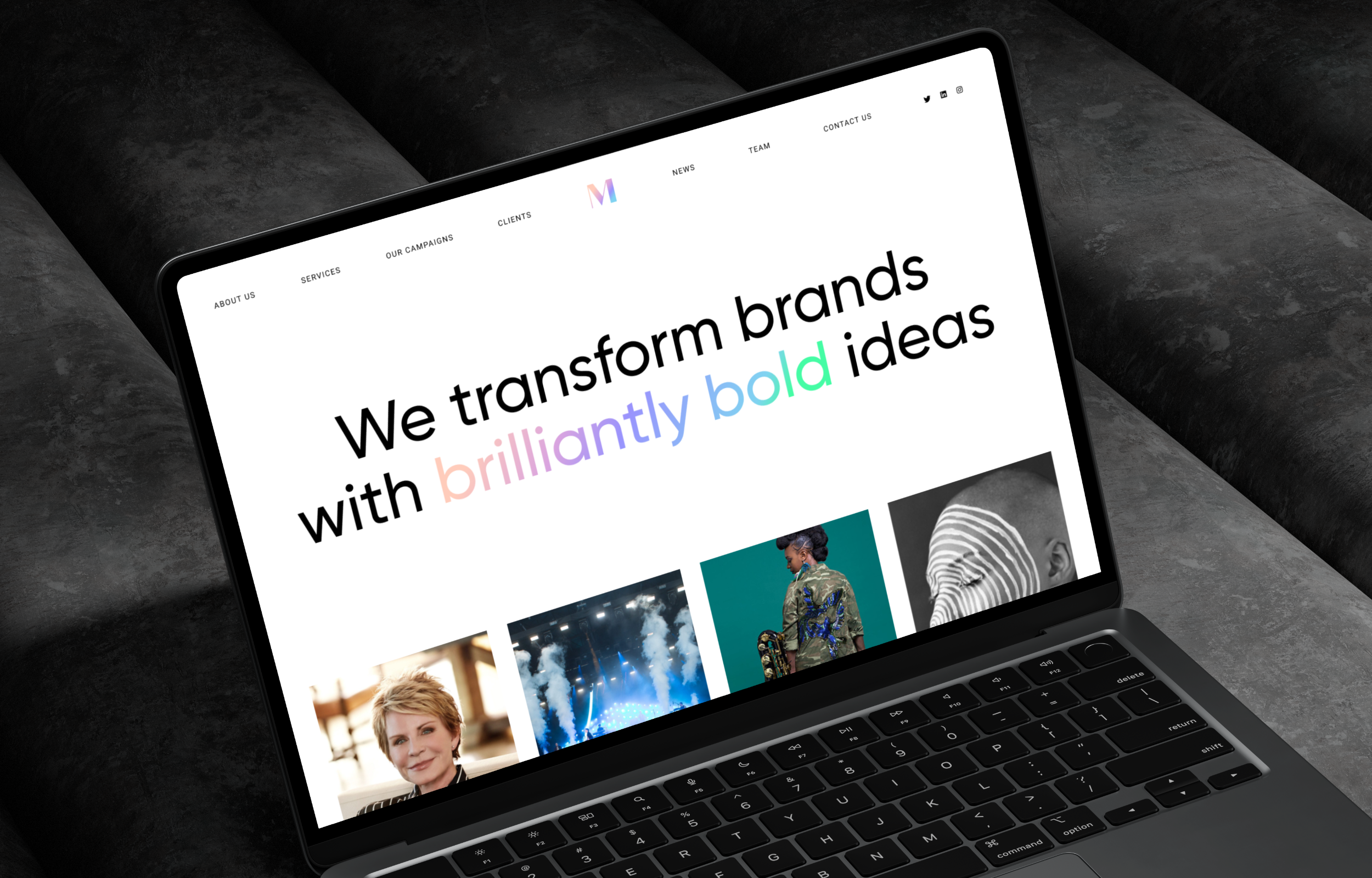 The Midas PR homepage, text says We Transform Brand With Brilliantly Bold Ideas and then user segmentation into sectors