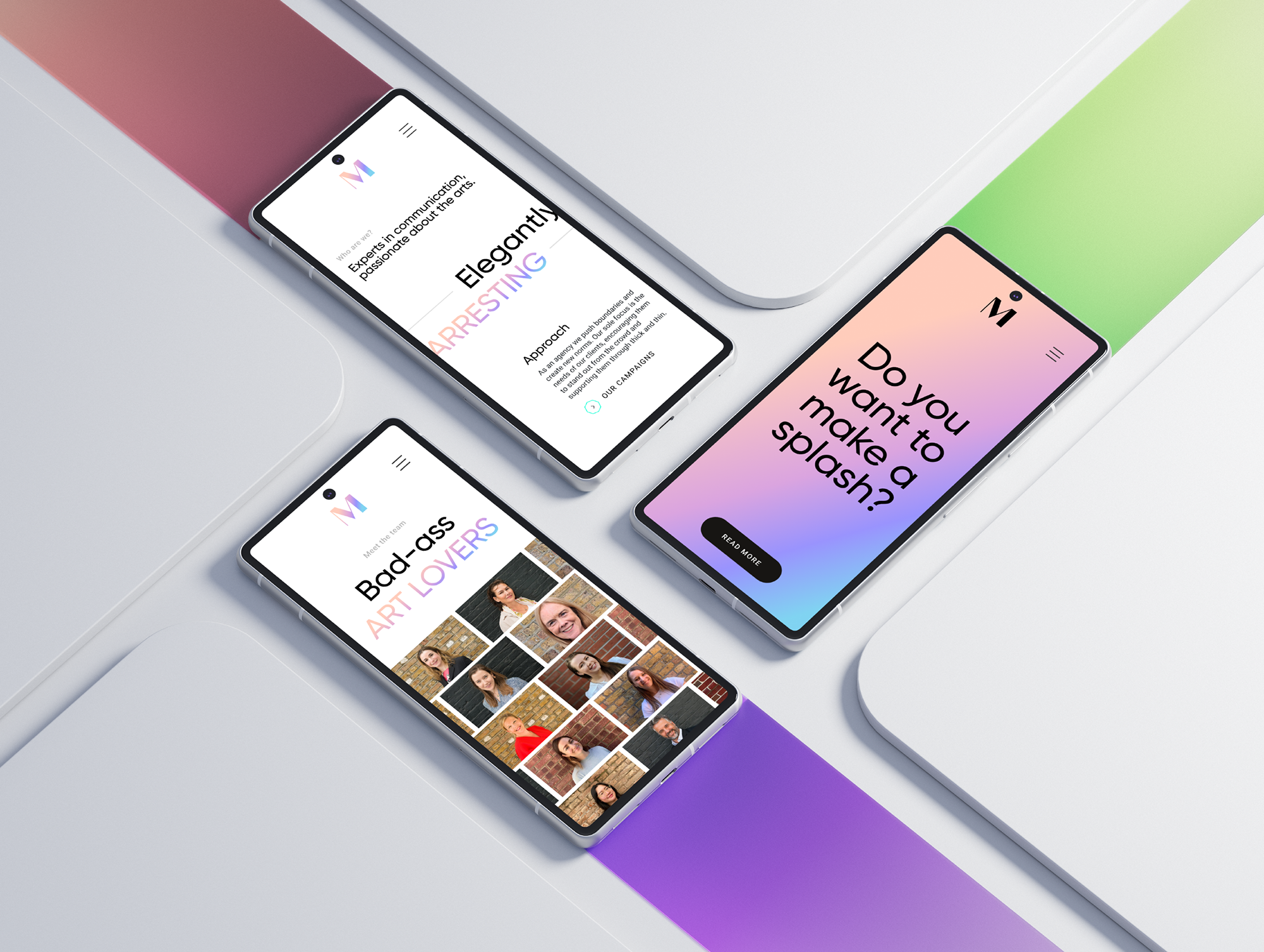 Various screens from the Midas PR website, showcasing big bold type and colourful gradients, creating professional and brave branding