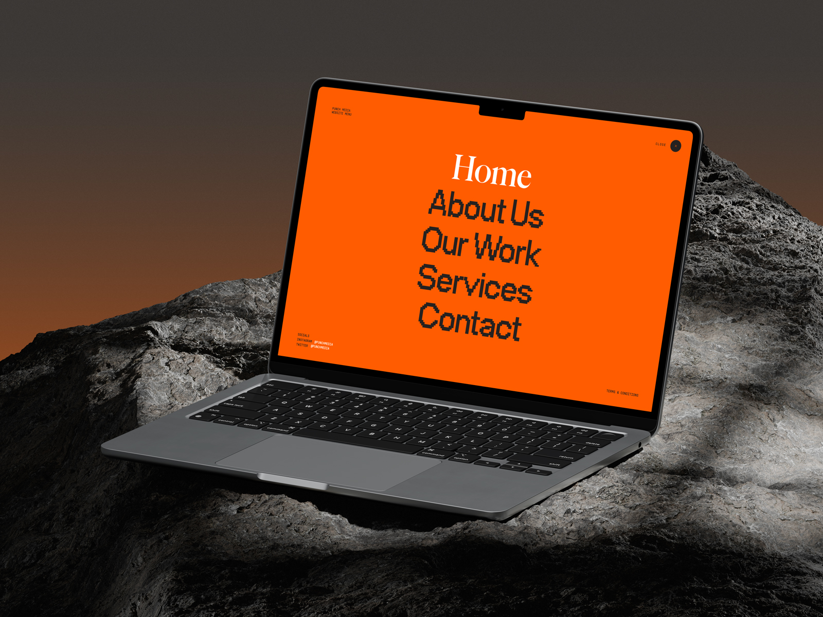 A bright orange, full page, website navigation with bitmap style font