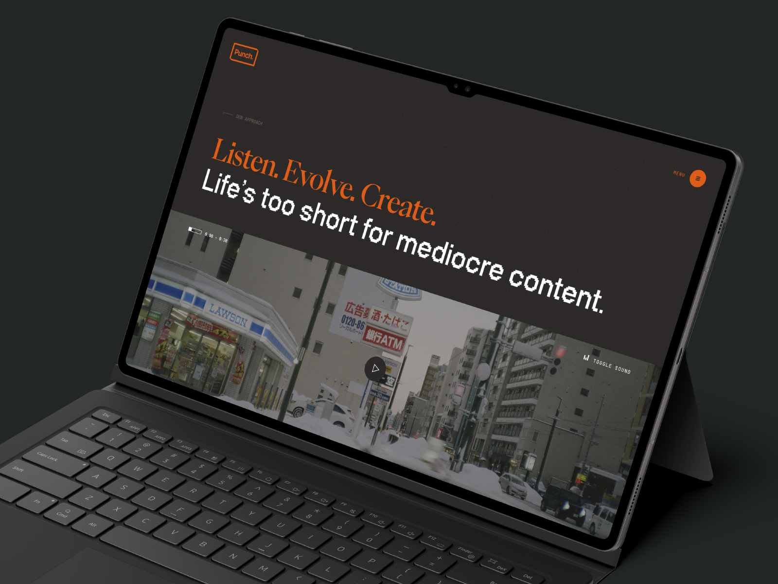 Examples of the Punch Media branding, text says Listen. Evolve. Create, life's too short for mediocre content